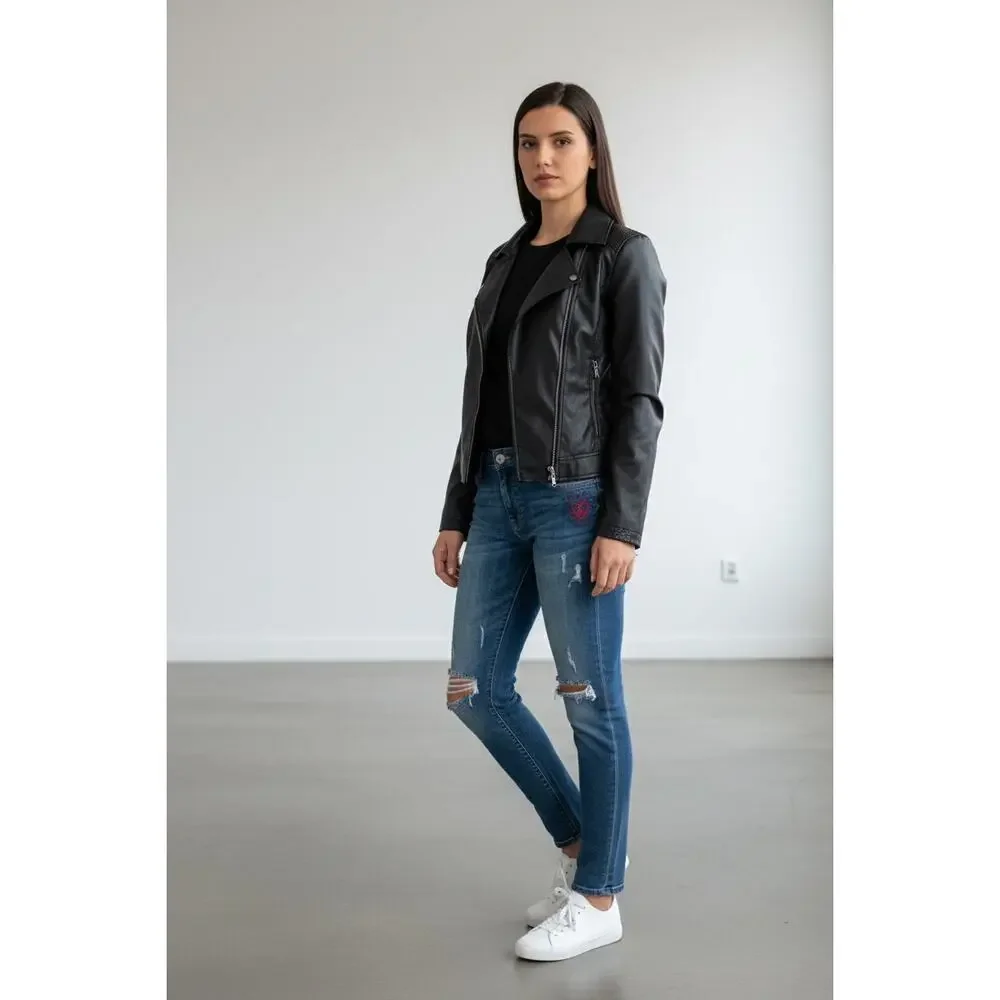 Desigual Chaq Emine Rep Vegan Leather Moto Biker Jacket Black Size 38/ US 4 NWT